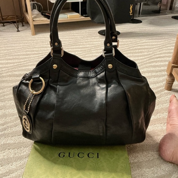 Authentic GUCCI GG Sukey Shoulder HandBag Guccissima Leather Black -PreOwned - Picture 1 of 16